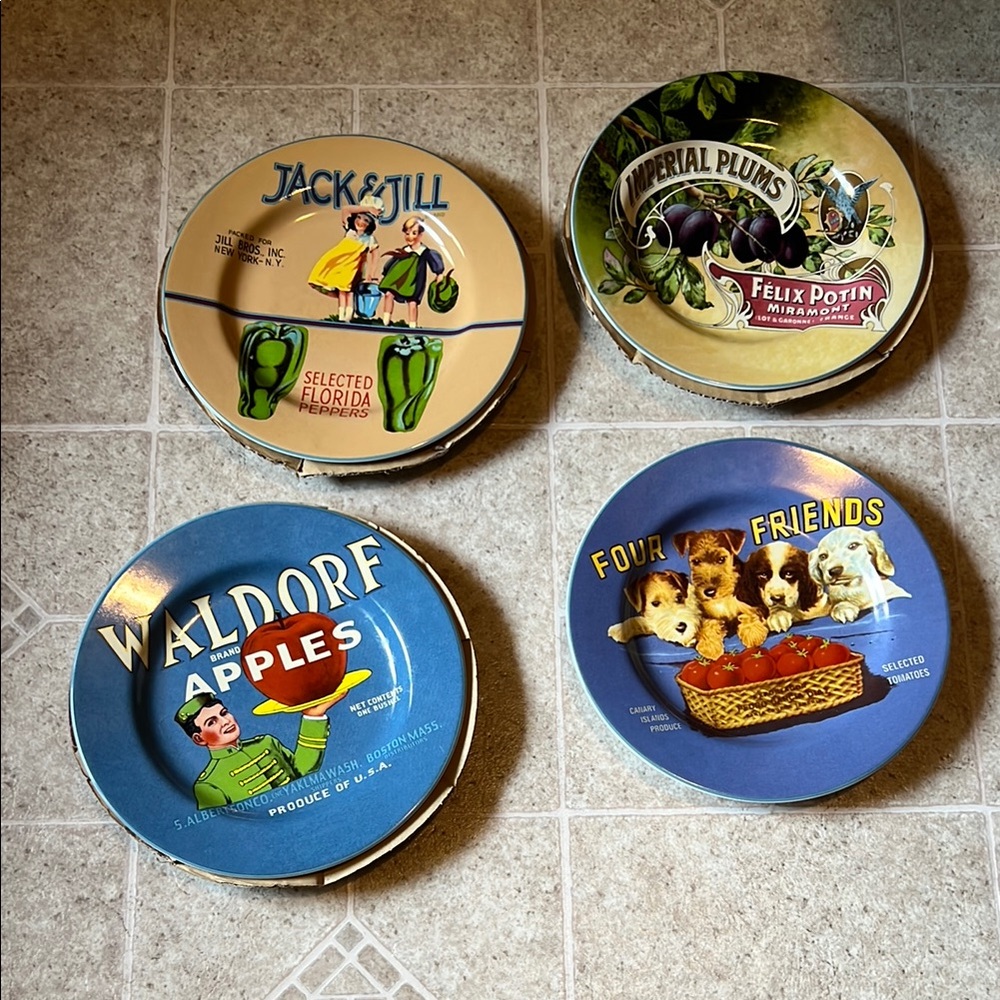 Sakura Vintage Fruit and Animal Themed Plates - Blue, Cream, Green